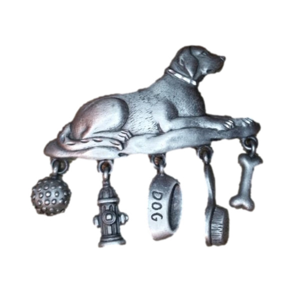Vintage JJ Large Pewter Dog Charm Brooch Pin - Picture 1 of 4